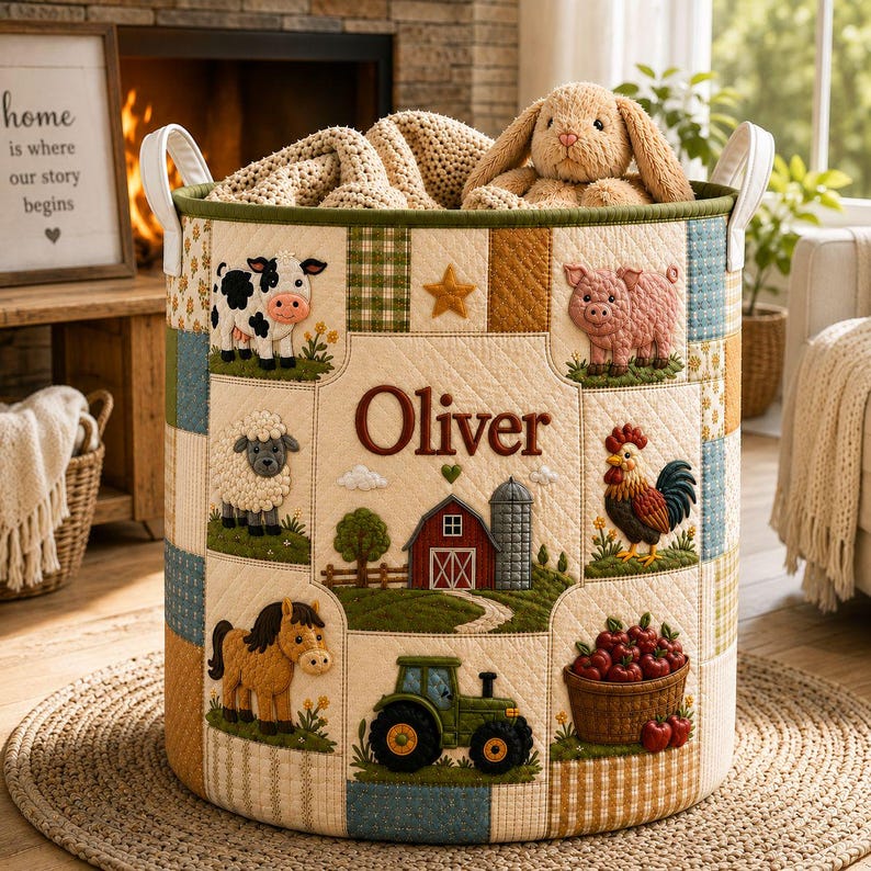 Personalized Farm Animal Quilt Laundry Basket, Custom Name Barnyard Hamper, Cow Pig Sheep Horse Storage Bin