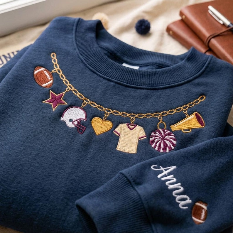 Custom Football Charm Necklace Sweatshirt, Embroidered Sleeve Name Crewneck, Game Day Cheer Mom Pullover
