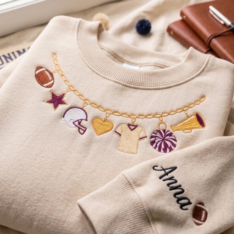 Custom Football Charm Necklace Sweatshirt, Embroidered Sleeve Name Crewneck, Game Day Cheer Mom Pullover