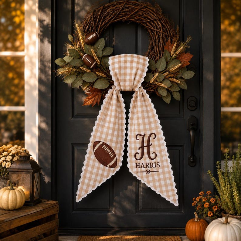Personalized Football Wreath Sash, Monogram Gingham Wreath Bow, Fall Front Door Decor, Game Day Football Decor