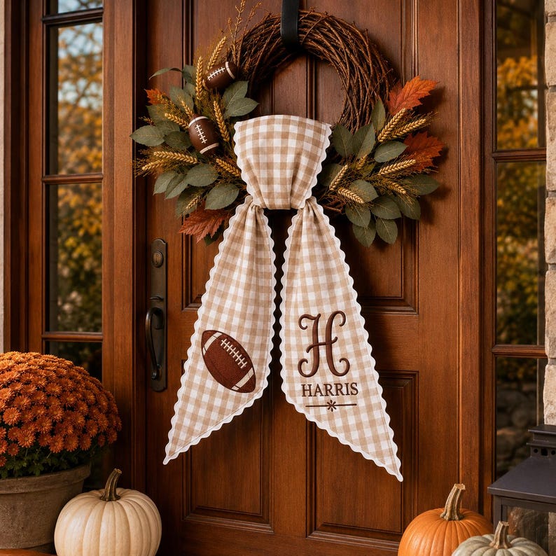 Personalized Football Wreath Sash, Monogram Gingham Wreath Bow, Fall Front Door Decor, Game Day Football Decor