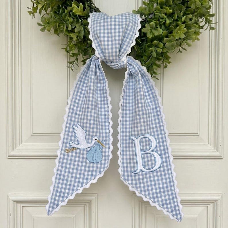 Personalized Baby Wreath Sash, Embroidered Stork Monogram Bow, Pink Blue Gingham Nursery Door Decor