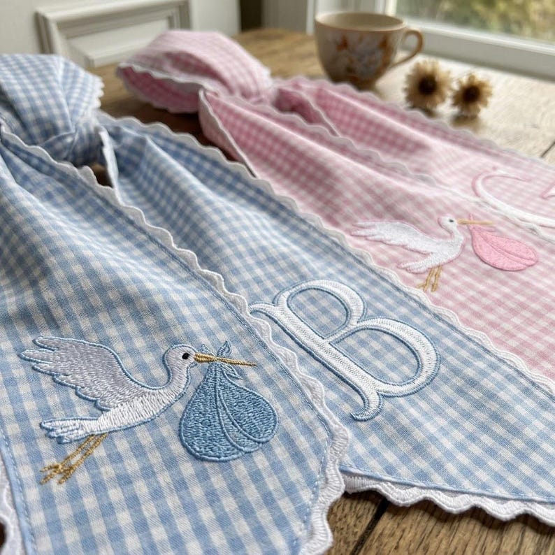 Personalized Baby Wreath Sash, Embroidered Stork Monogram Bow, Pink Blue Gingham Nursery Door Decor