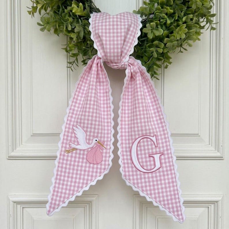 Personalized Baby Wreath Sash, Embroidered Stork Monogram Bow, Pink Blue Gingham Nursery Door Decor