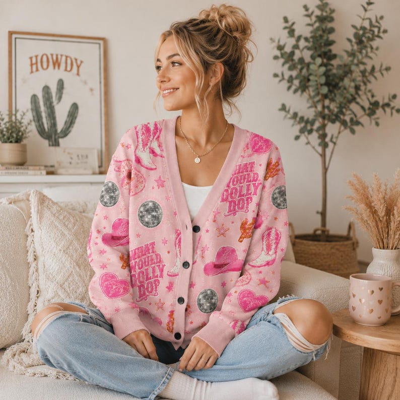 What Would D.P Do Country Cardigan, Pink Cowgirl Boots Disco Floral All Over Print, Retro Country Music Outfit