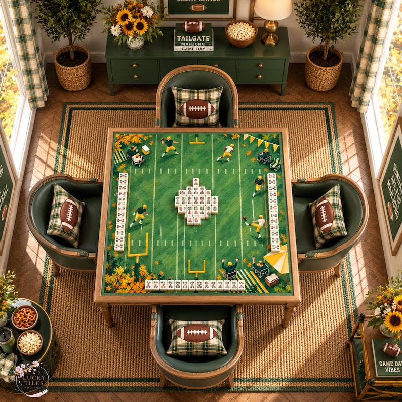 Fall Football Mahjong Mat, American Mahjong Mat, Green Gold Game Day Tailgate Decor, Autumn Sports Mahjong Gift