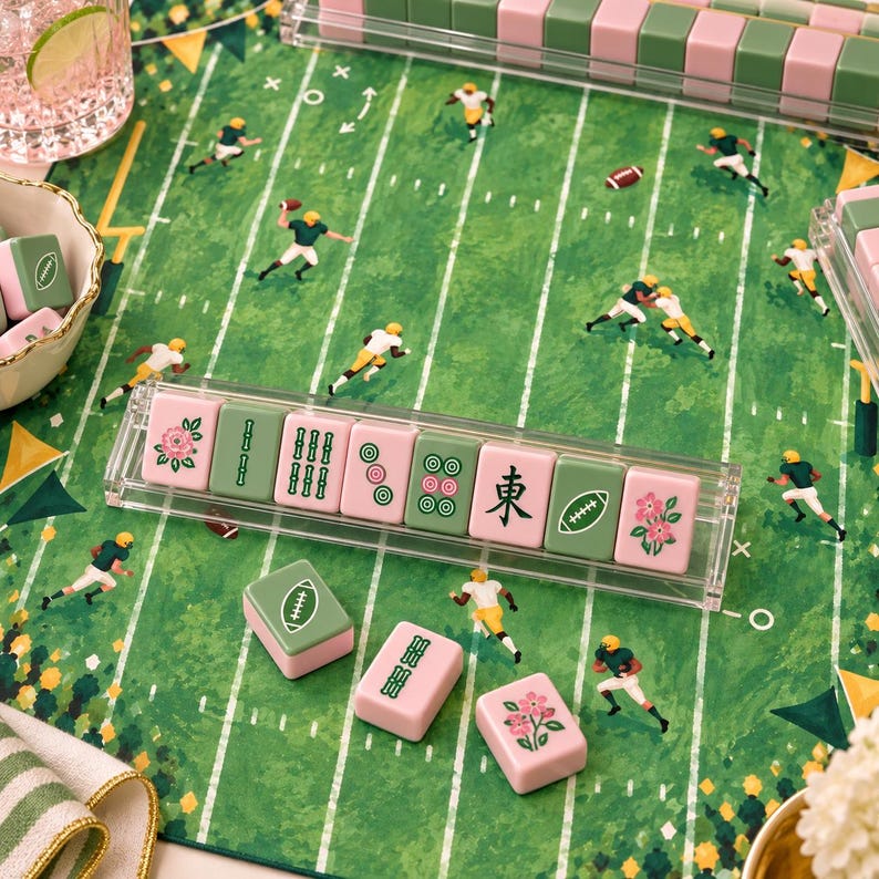 Gridiron Glory Football Mahjong Mat, Green Gold Game Day Mat, Sports Fan American Mahjong Table Cover