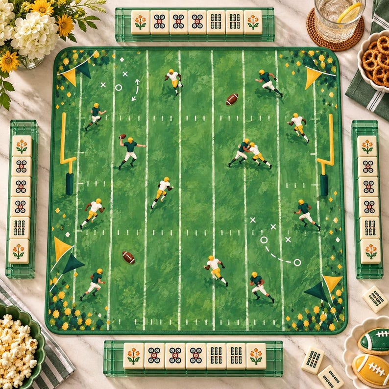 Gridiron Glory Football Mahjong Mat, Green Gold Game Day Mat, Sports Fan American Mahjong Table Cover