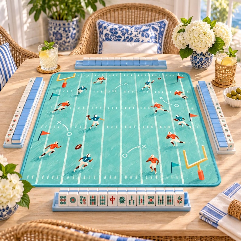 Tides & Touchdowns Football Mahjong Mat, Teal Orange Game Day Mat, American Mahjong Table Cover