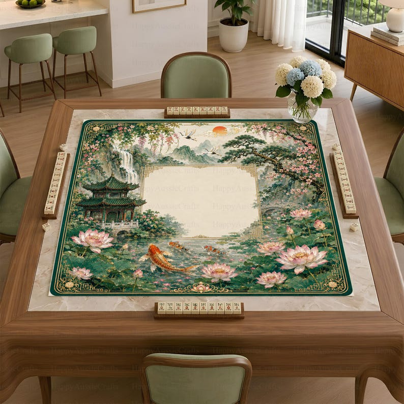 Chinese Mahjong Mat, Crane Lotus Koi Mahjong Table Mat, Asian Floral Game Mat