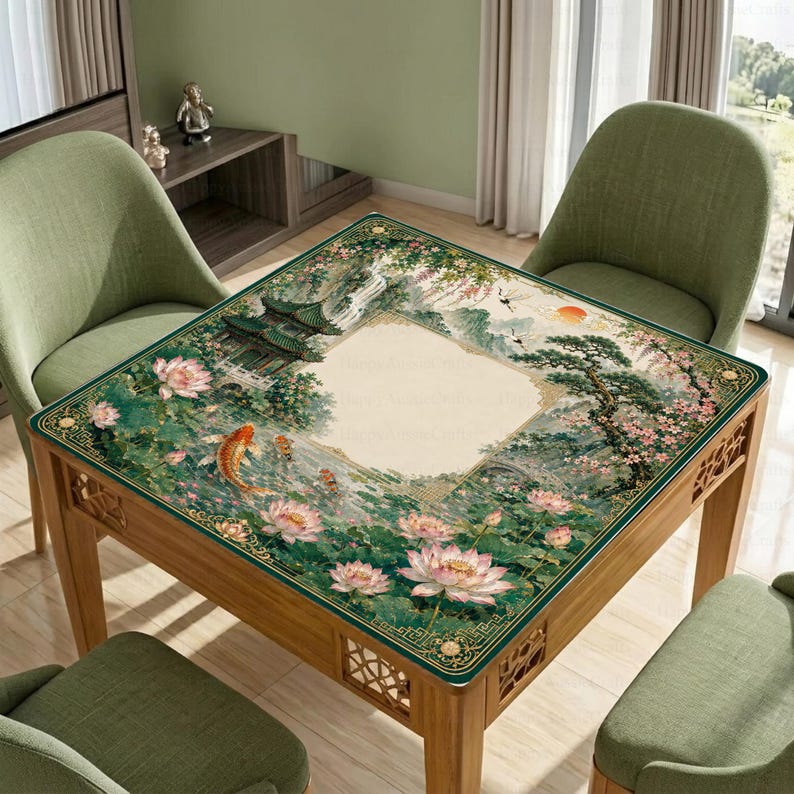 Chinese Mahjong Mat, Crane Lotus Koi Mahjong Table Mat, Asian Floral Game Mat