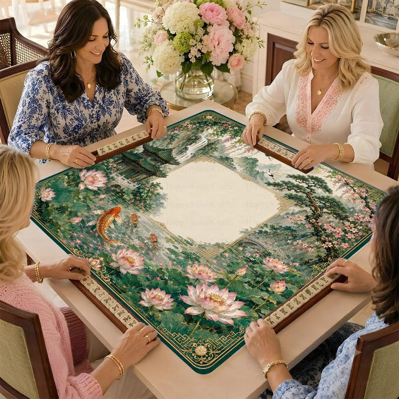 Chinese Mahjong Mat, Crane Lotus Koi Mahjong Table Mat, Asian Floral Game Mat