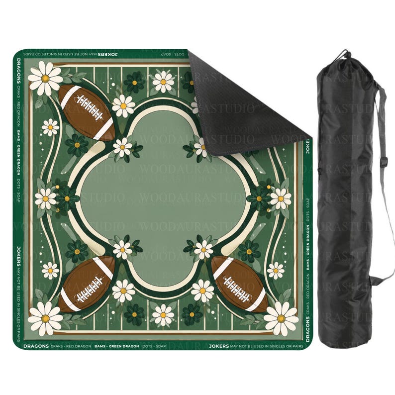 Football Daisy Floral Mahjong Mat, Green Game Day Mat, American Football Field Flower Design, Non-slip Table Cover