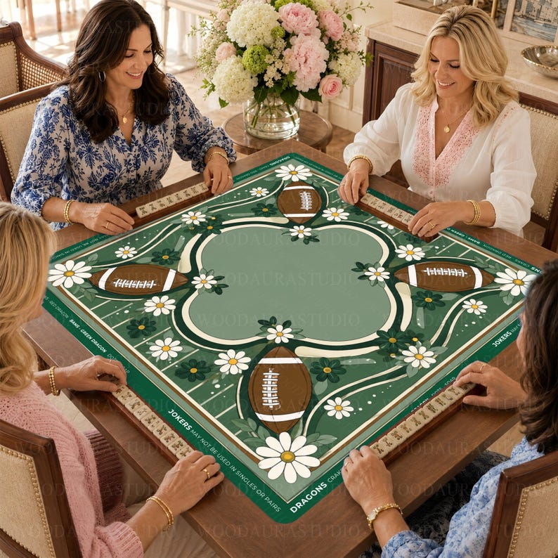 Football Daisy Floral Mahjong Mat, Green Game Day Mat, American Football Field Flower Design, Non-slip Table Cover