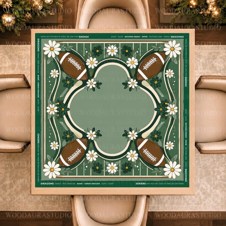 Football Daisy Floral Mahjong Mat, Green Game Day Mat, American Football Field Flower Design, Non-slip Table Cover