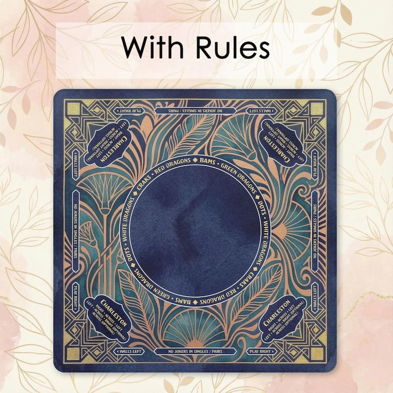 Personalized Mahjong Mat, Dark Blue Art Deco, Gold Geometric Fans, Non-Slip
