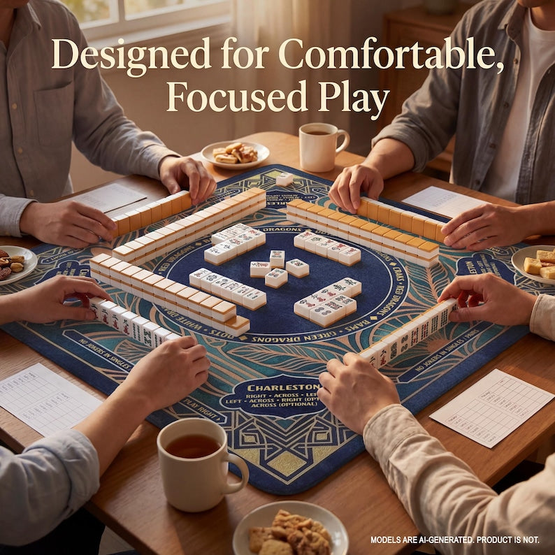 Personalized Mahjong Mat, Dark Blue Art Deco, Gold Geometric Fans, Non-Slip