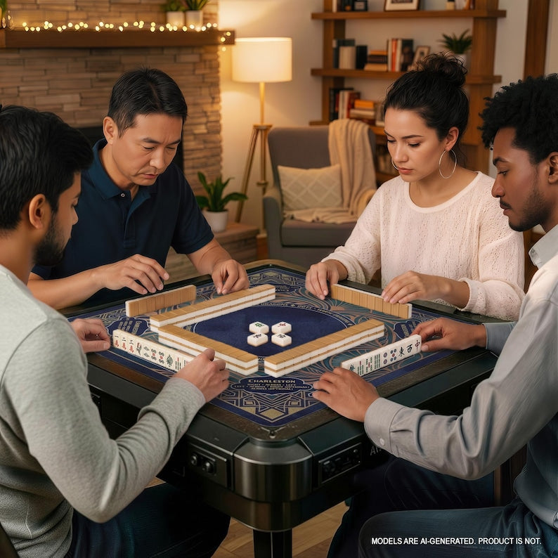Personalized Mahjong Mat, Dark Blue Art Deco, Gold Geometric Fans, Non-Slip