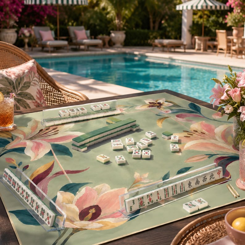 Sage Green Lily Mahjong Mat, American Mahjong Mat, Pink Floral Garden, Grandmillennial Botanical Mahjong Gift