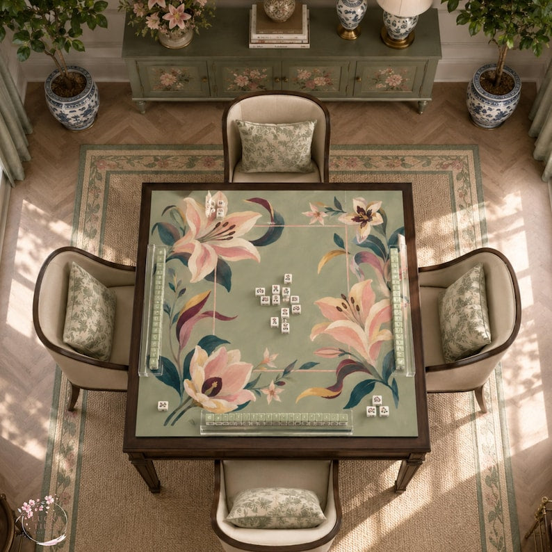 Sage Green Lily Mahjong Mat, American Mahjong Mat, Pink Floral Garden, Grandmillennial Botanical Mahjong Gift