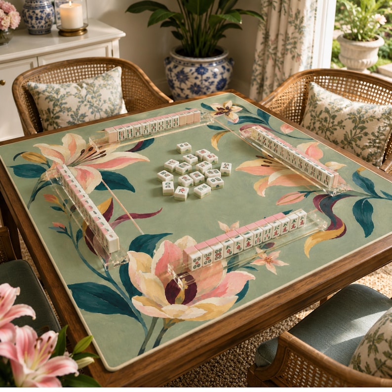 Sage Green Lily Mahjong Mat, American Mahjong Mat, Pink Floral Garden, Grandmillennial Botanical Mahjong Gift