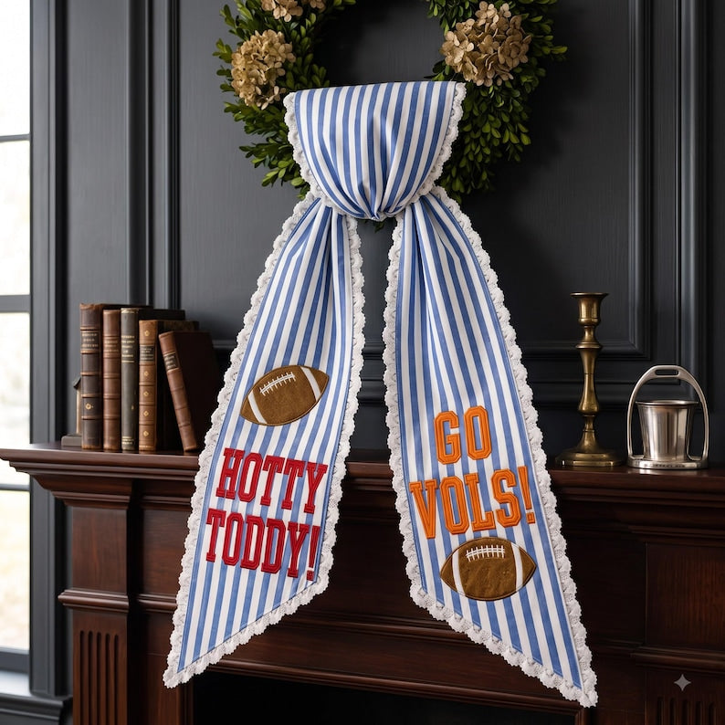 House Divided Football Wreath Sash, Embroidered Game Day Door Ribbon, Custom Team Spirit Decor