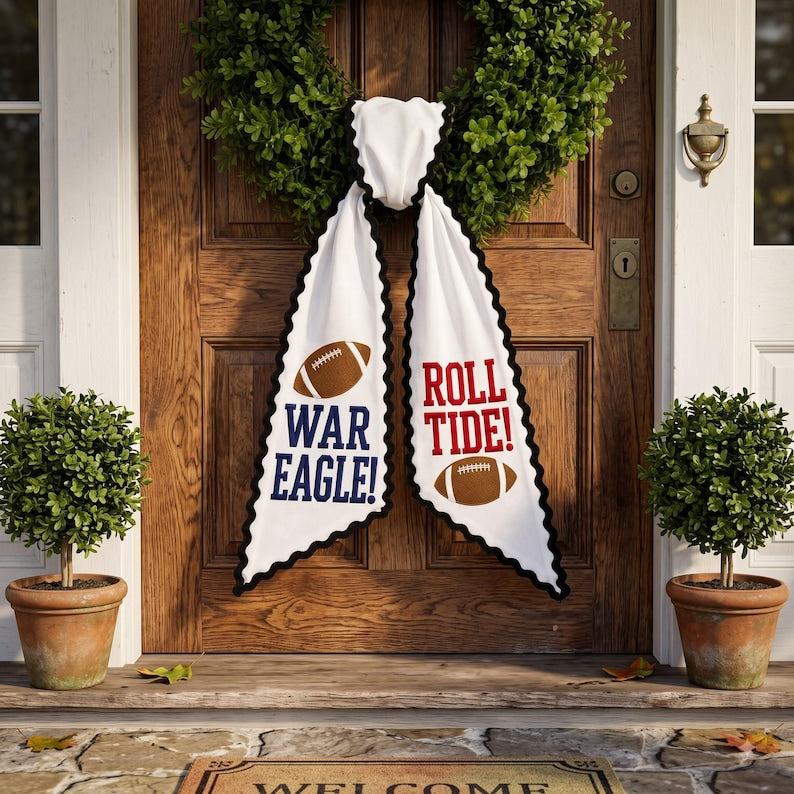 House Divided Football Wreath Sash, Embroidered Game Day Door Ribbon, Custom Team Spirit Decor