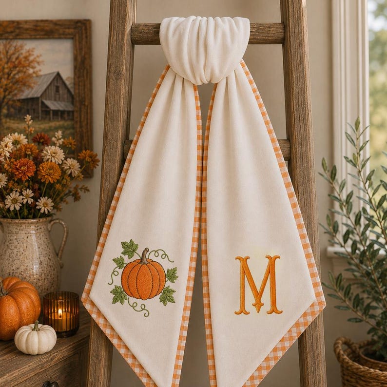 Embroidered Monogrammed Pumpkin Halloween Thanksgiving Fall Wreath Sash, Sash Pumpkin Front Door Bow