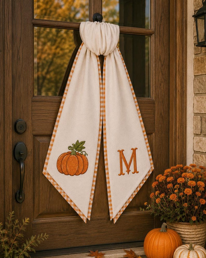 Embroidered Monogrammed Pumpkin Halloween Thanksgiving Fall Wreath Sash, Sash Pumpkin Front Door Bow