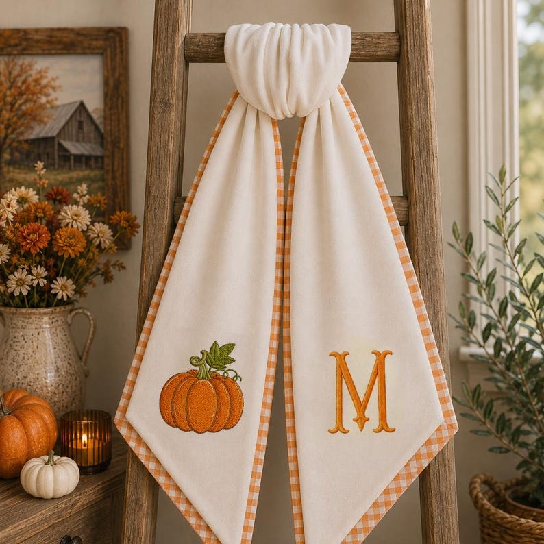 Embroidered Monogrammed Pumpkin Halloween Thanksgiving Fall Wreath Sash, Sash Pumpkin Front Door Bow