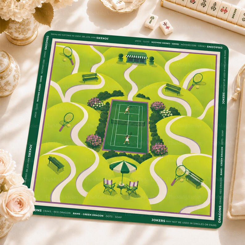 Tennis Garden Mahjong Mat, Country Club Court Floral Design, Non-slip Table Cover