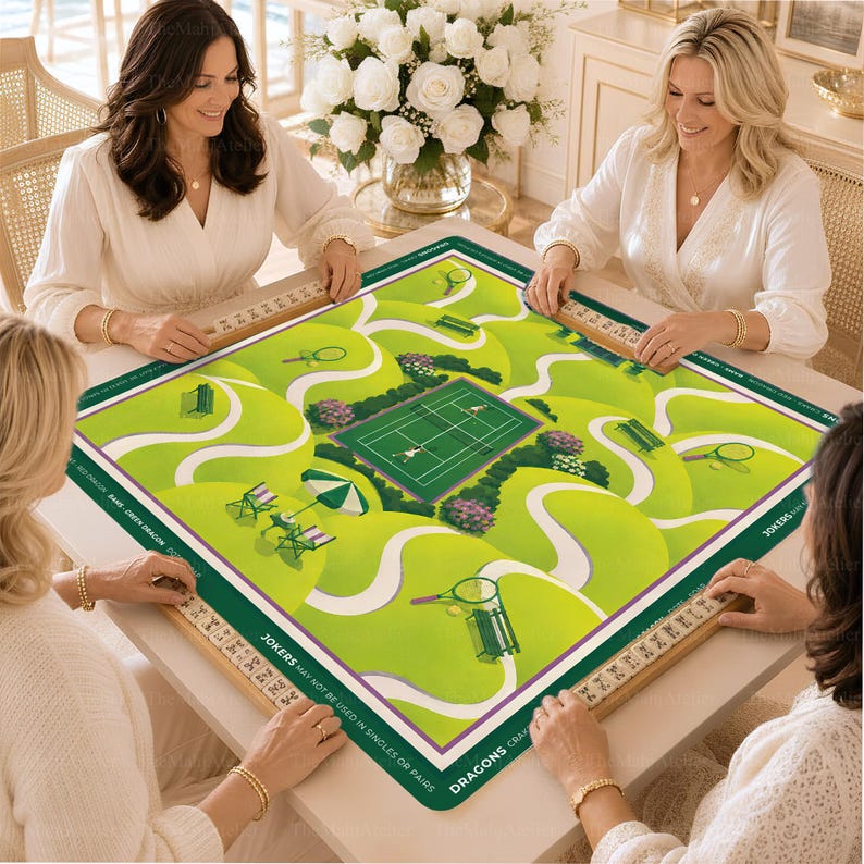 Tennis Garden Mahjong Mat, Country Club Court Floral Design, Non-slip Table Cover