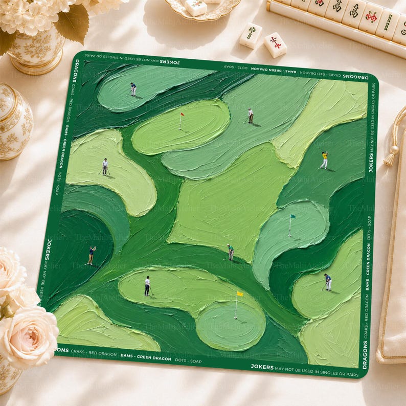 Golf Course Mahjong Mat, Green Country Club Fairway Game Mat, Golfer Game Mat, Non-slip Table Cover