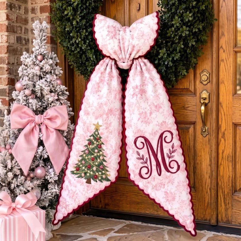 Custom Embroidery Christmas Tree Name Toile Wreath Sash, Personalize Monogram Bow Christmas Decor, Stripe Ribbon Bow