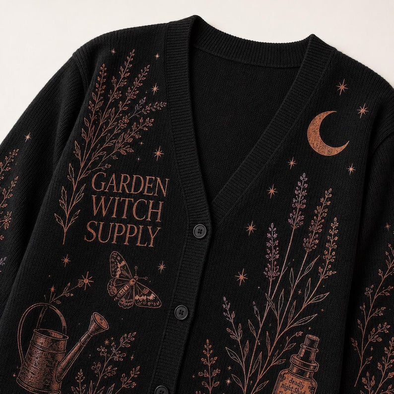 Garden Witch Supply Cardigan, Green Witch Botanical Knit Sweater, Celestial Herb Mortar Halloween Top, Cozy Fall Gift