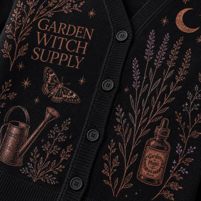 Garden Witch Supply Cardigan, Green Witch Botanical Knit Sweater, Celestial Herb Mortar Halloween Top, Cozy Fall Gift