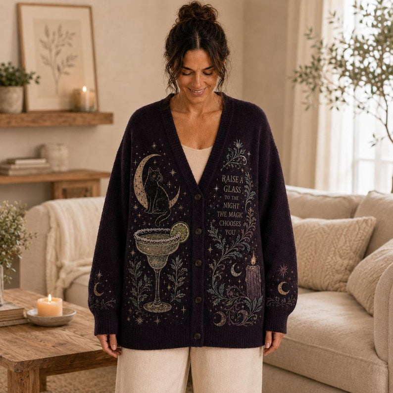 Midnight Margaritas Halloween Cardigan, Practical Magic Witchy Knit Sweater, Cozy Fall Gift