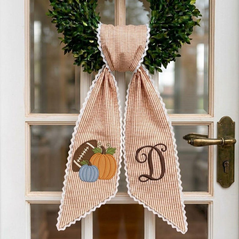 Personalized Fall Wreath Sash Football Pumpkin Embroidered Door Decor Custom Monogram Autumn Front Door Scarf Striped Tie