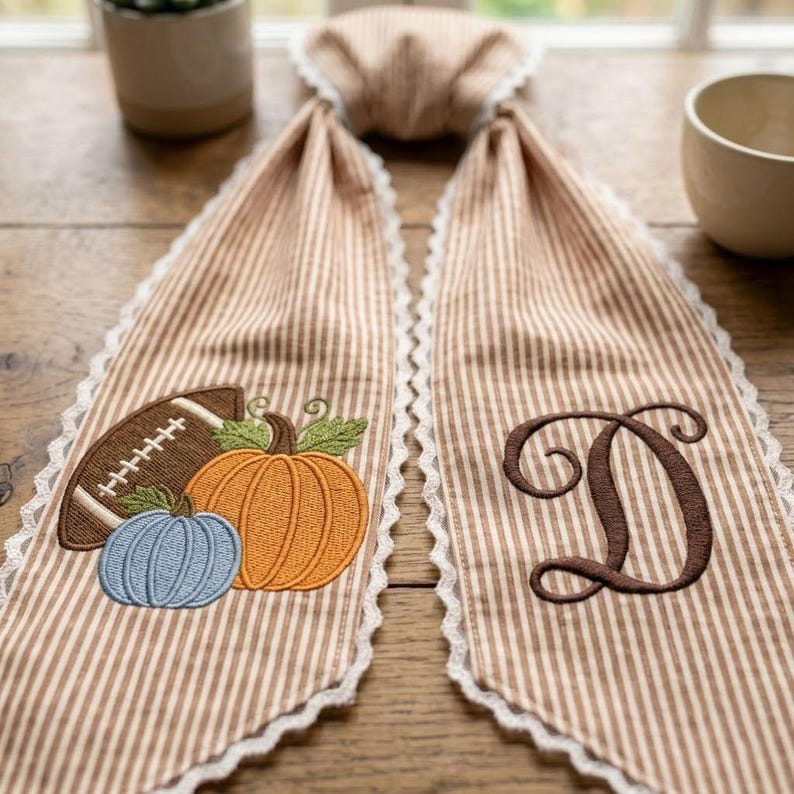 Personalized Fall Wreath Sash Football Pumpkin Embroidered Door Decor Custom Monogram Autumn Front Door Scarf Striped Tie