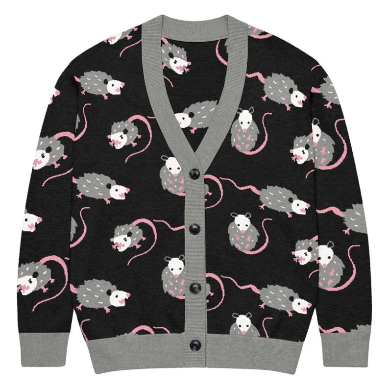 Oh Possum My Opossum Knitted Cardigan, Funny Opossum Pattern Sweater, Goblincore Aesthetic Fall Top