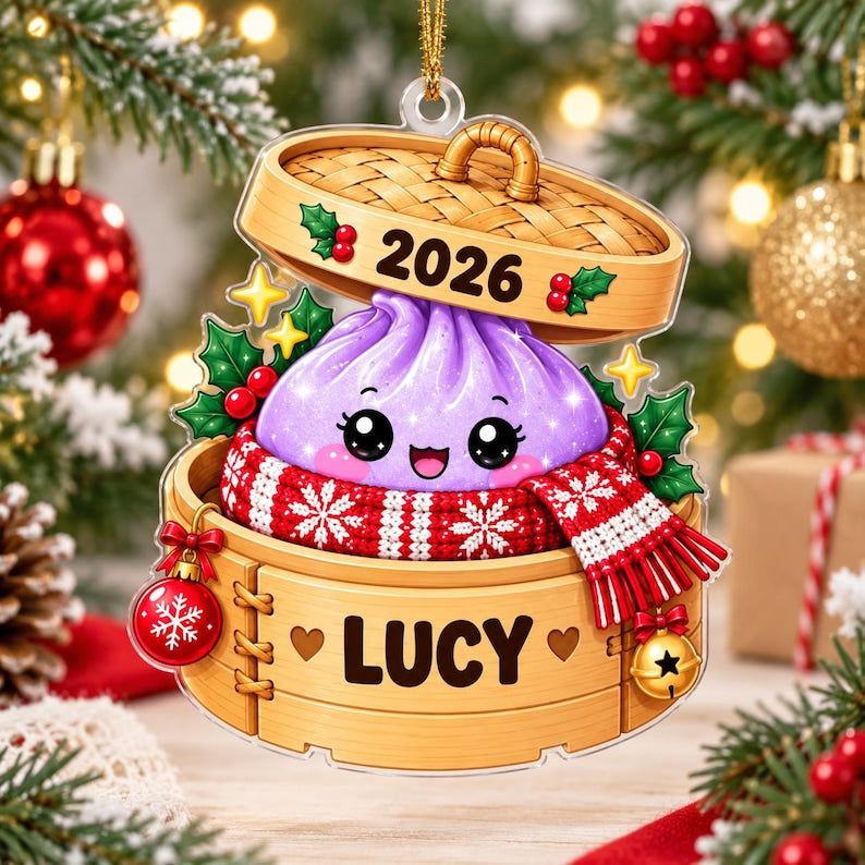 Personalized Glitter Dumpling Acrylic Ornament, Custom Name Steamer Basket Keepsake, Cute Food Xmas Tree Decor