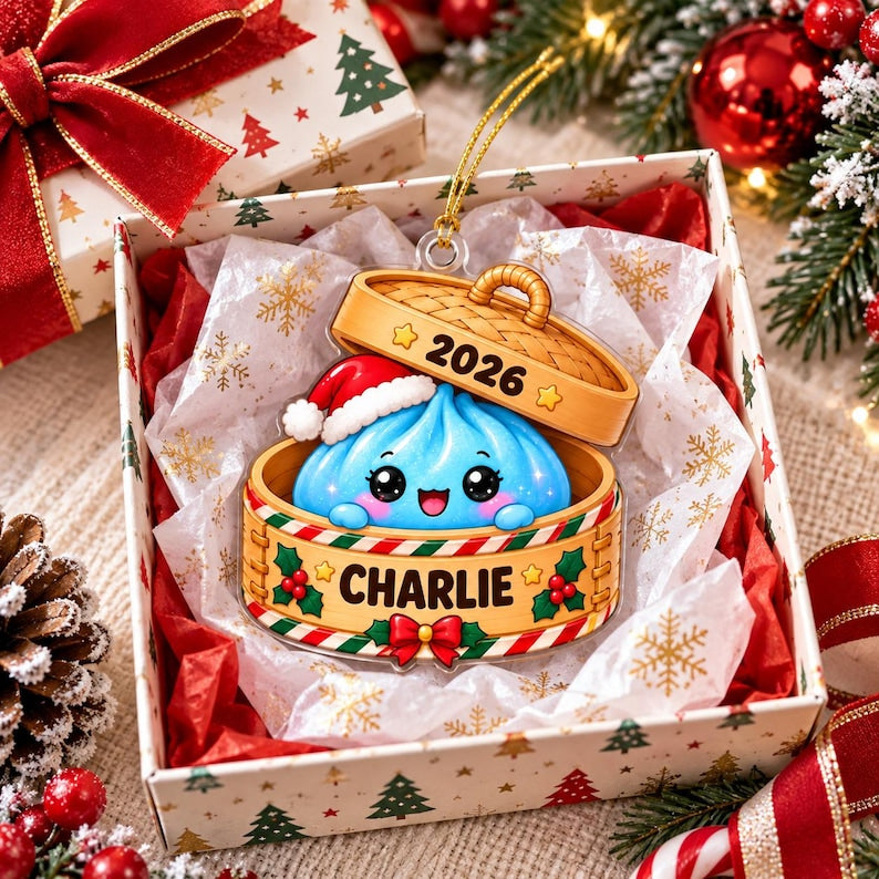 Personalized Glitter Dumpling Acrylic Ornament, Custom Name Steamer Basket Keepsake, Cute Food Xmas Tree Decor