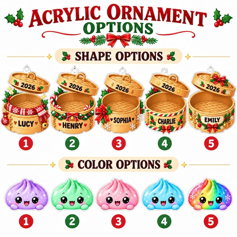 Personalized Glitter Dumpling Acrylic Ornament, Custom Name Steamer Basket Keepsake, Cute Food Xmas Tree Decor