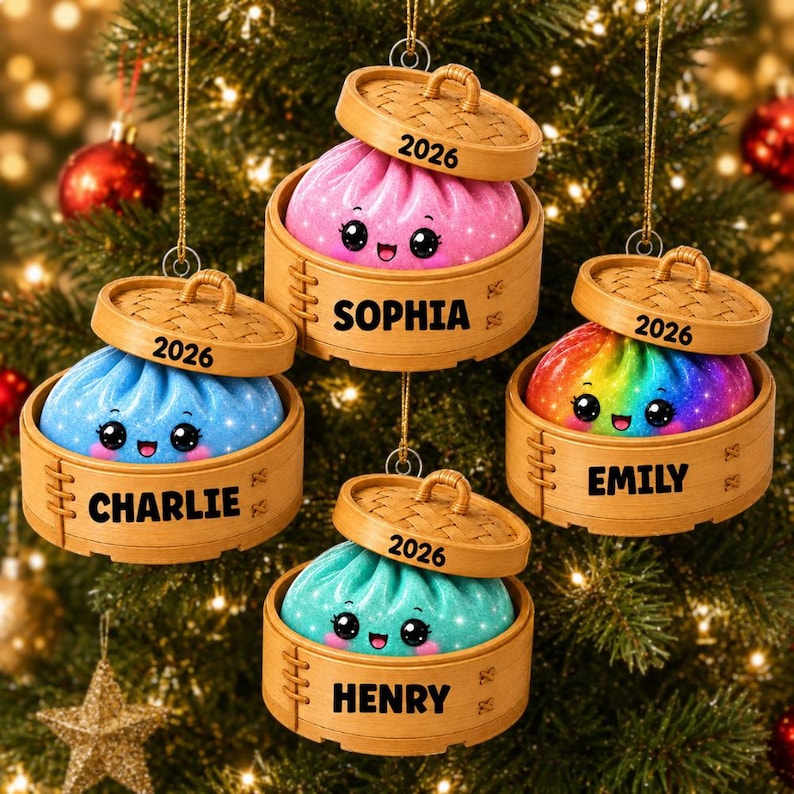 Personalized Glitter Dumpling Ornament, Custom Name Acrylic Christmas Ornament, Squishy Style Dumpling Ornament