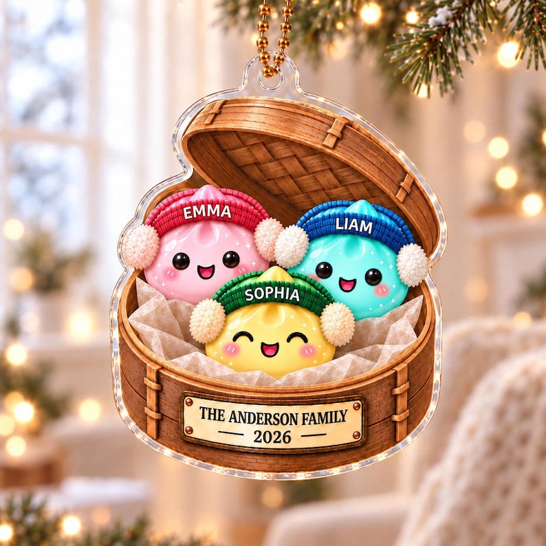 Personalized Dumpling Family Ornament, Custom Name Glittter Dumpling Ornament, Squishy Ornament
