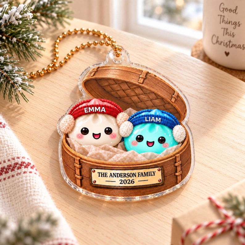 Personalized Dumpling Family Ornament, Custom Name Glittter Dumpling Ornament, Squishy Ornament