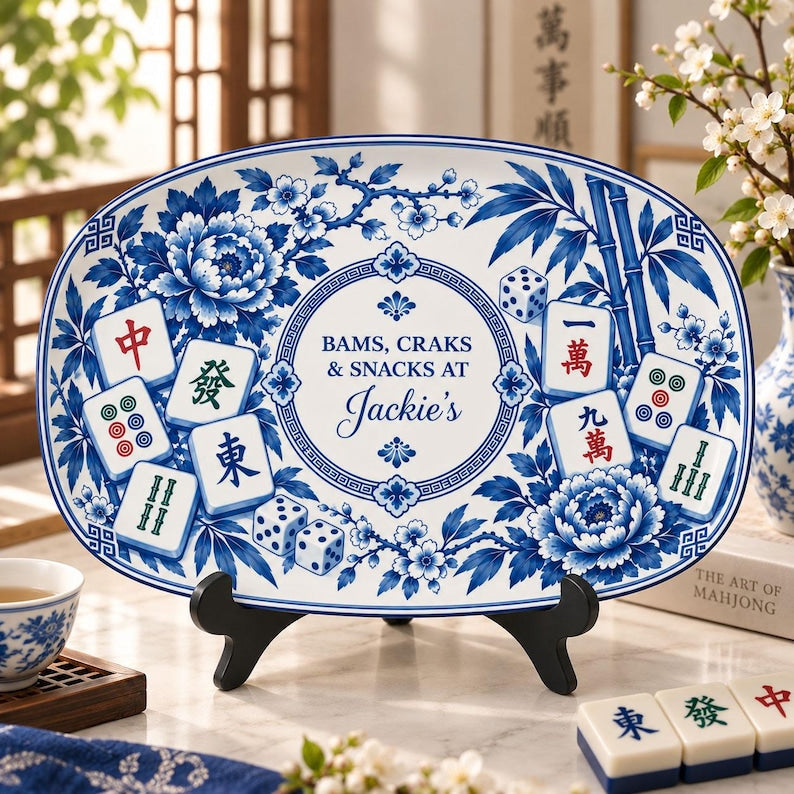 Personalized Mahjong Platter, Custom Chinoiserie Mahjong Dessert Plate, Mahjong Serving Tray, Mahjong Hostess Gift