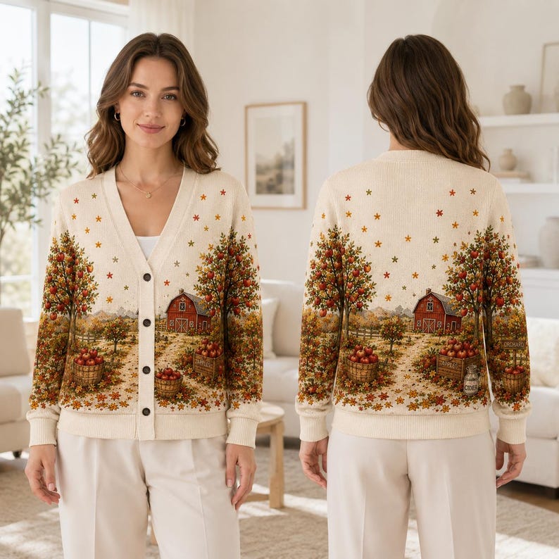 Apple Orchard Knitted Cardigan, Vintage Autumn Sweater, Cozy Fall Apple Picking Outfit, Cottagecore Harvest Cardigan