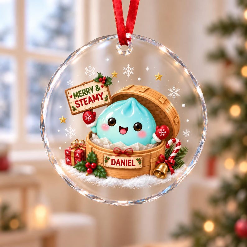 Personalized Merry & Steamy Dumpling Glass Ornament, Custom Cute Steamed Bun Christmas Decor, Holiday Keepsake