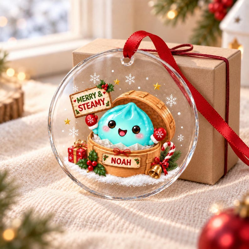 Personalized Merry & Steamy Dumpling Glass Ornament, Custom Cute Steamed Bun Christmas Decor, Holiday Keepsake